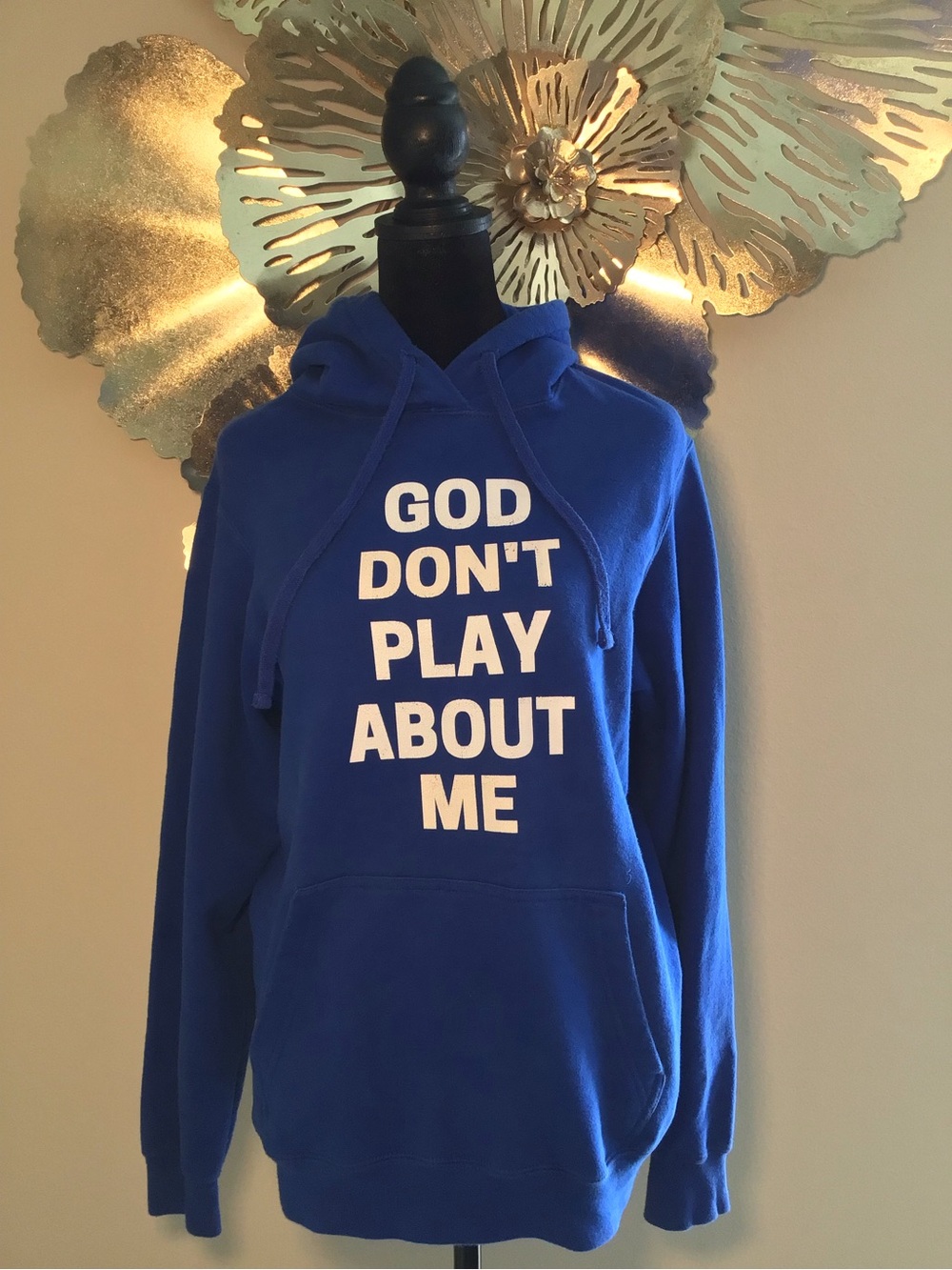Royal Blue 'GOD DON'T PLAY ABOUT ME' Women’s Hoodie, Size S